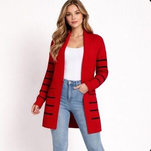 Liz Claiborne Red Cardigan with Navy Blue Stripes Women’s Size Large